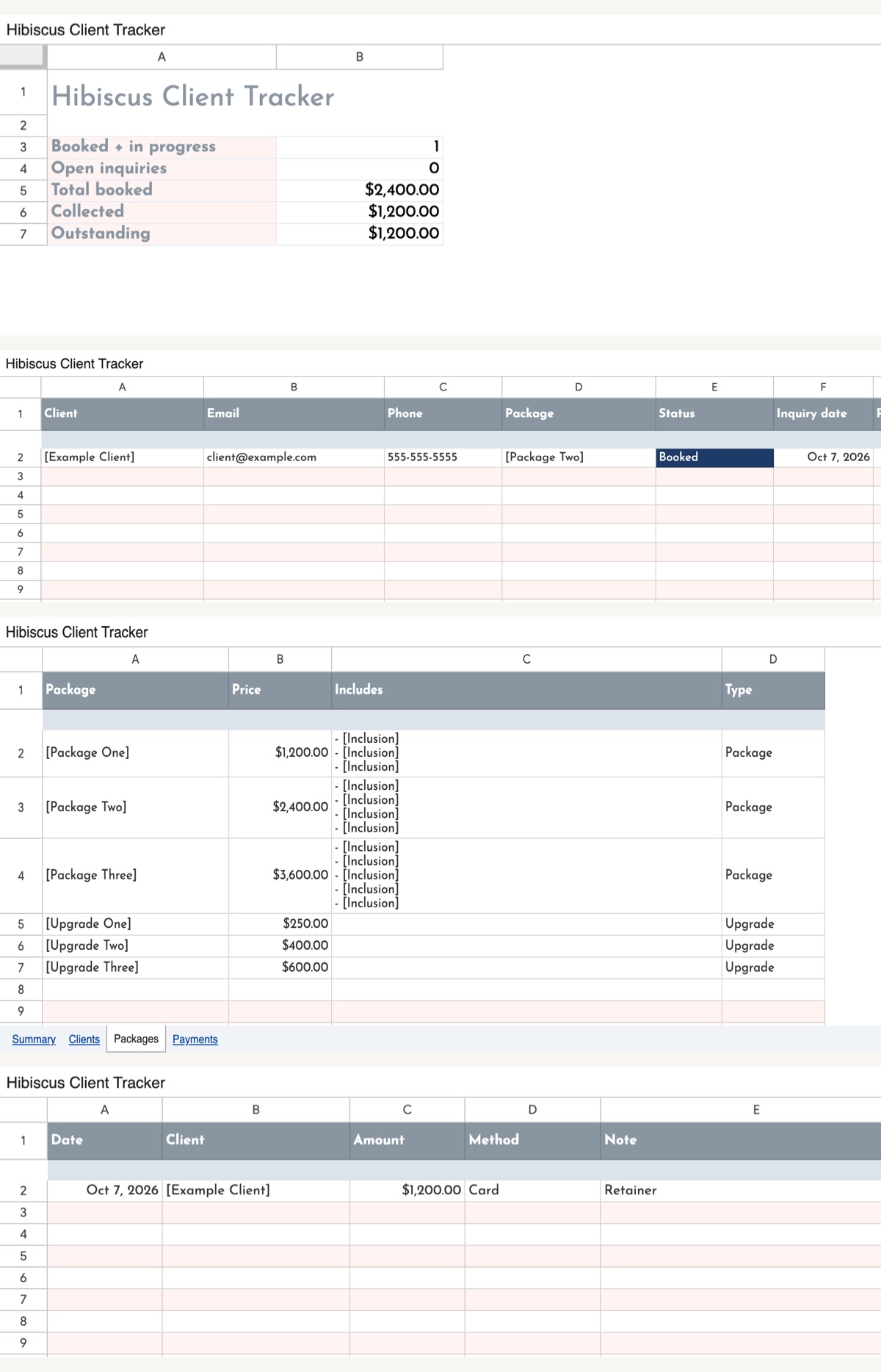 The Hibiscus client tracker in Google Sheets: Summary, Clients, Packages, and Payments tabs