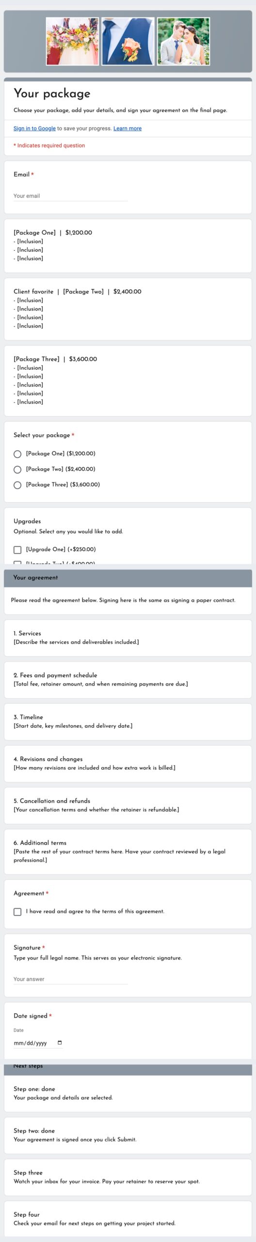 The Hibiscus proposal form in Google Forms: packages, agreement, signature, and next steps