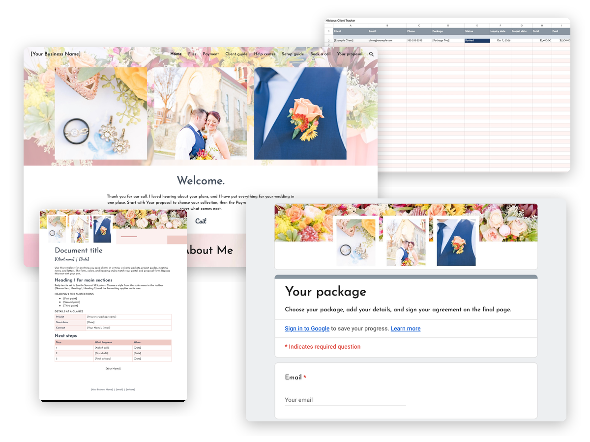 Hibiscus for Google Workspace: client portal, proposal form, client tracker, and document template