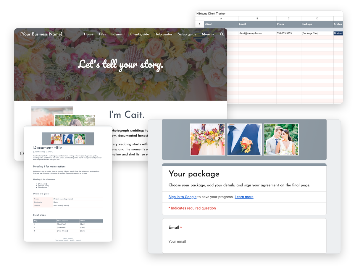 Hibiscus for Google Workspace: client portal, proposal form, client tracker, and document template