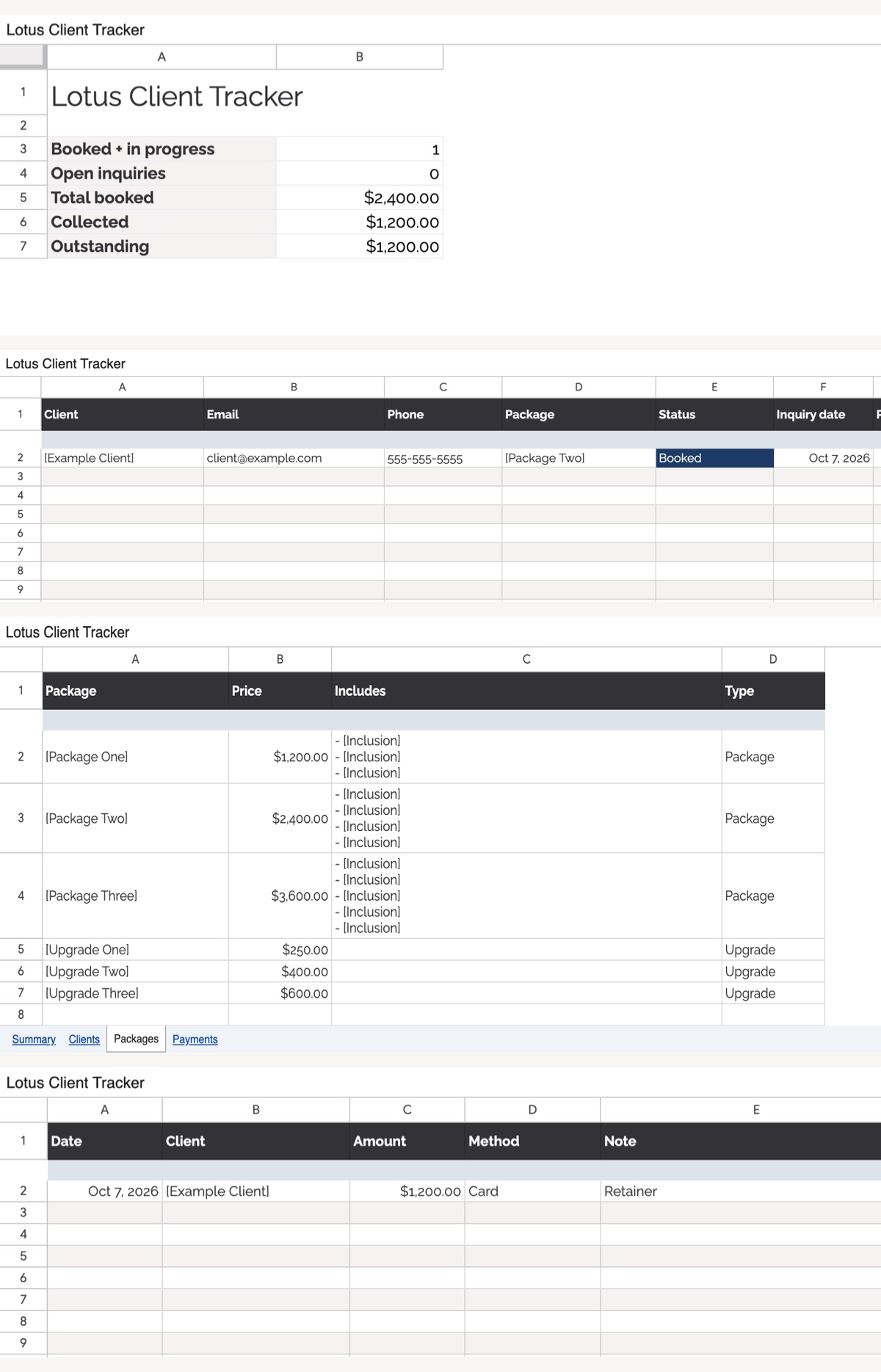 The Lotus client tracker in Google Sheets: Summary, Clients, Packages, and Payments tabs