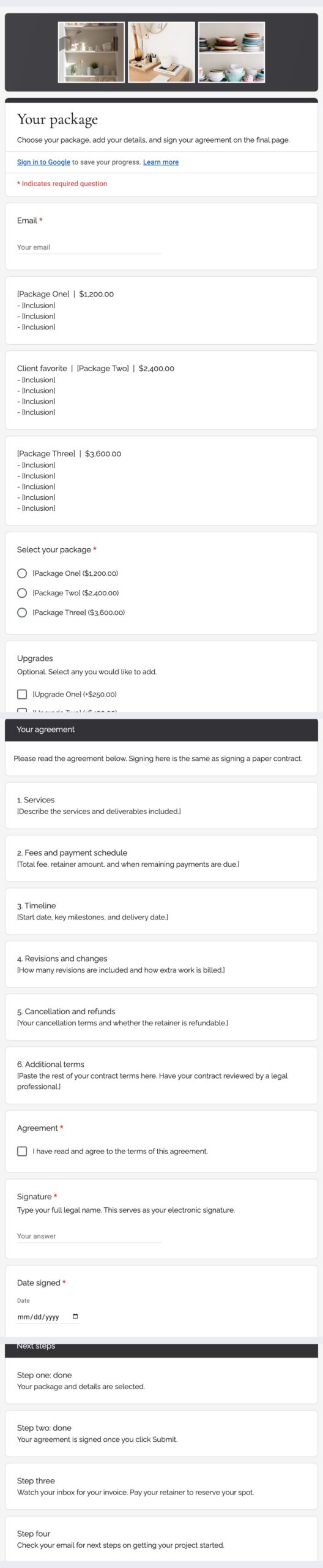 The Lotus proposal form in Google Forms: packages, agreement, signature, and next steps