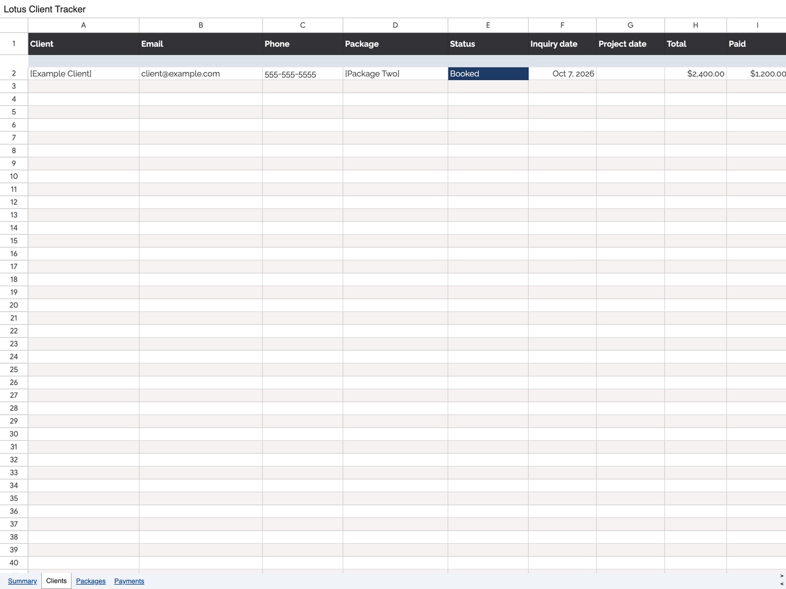 Lotus client tracker in Google Sheets