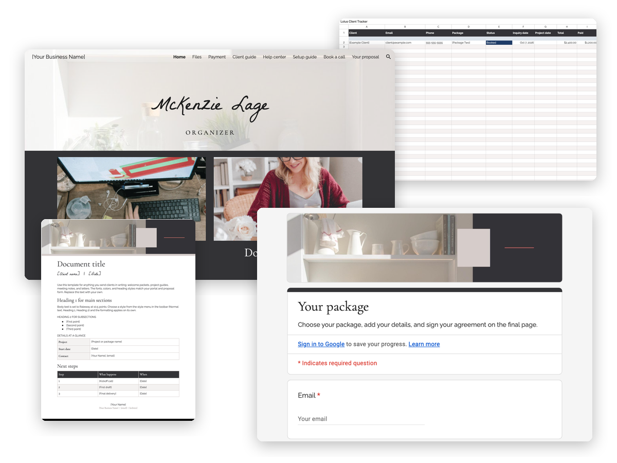 Lotus for Google Workspace: client portal, proposal form, client tracker, and document template