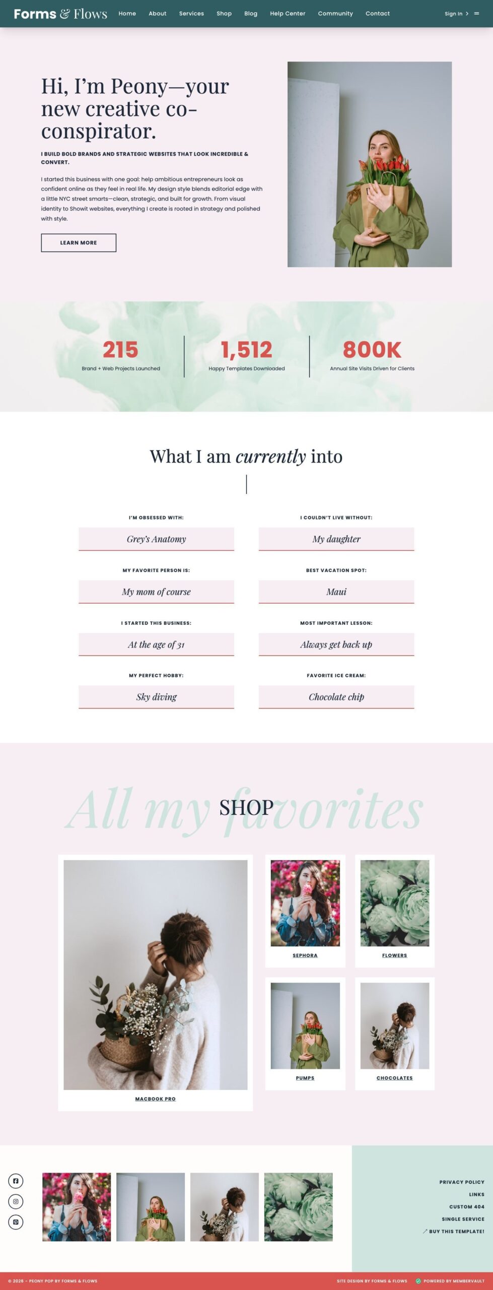 Peony MemberVault template About page restyled for a floral workshops