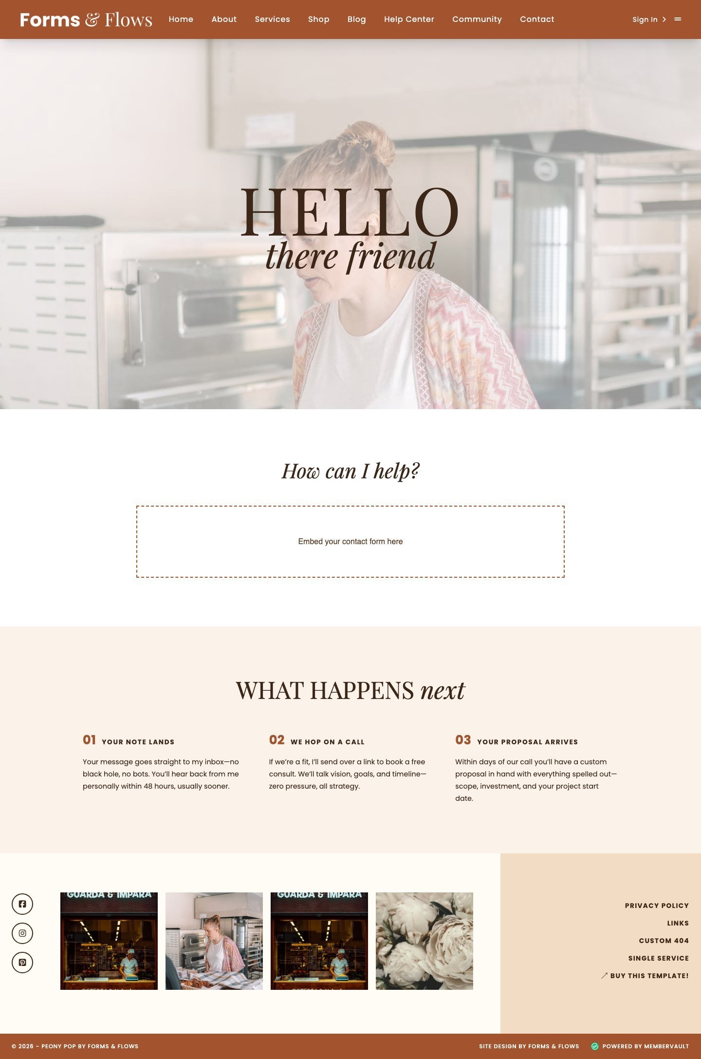 Peony MemberVault template Contact page restyled for a baking classes