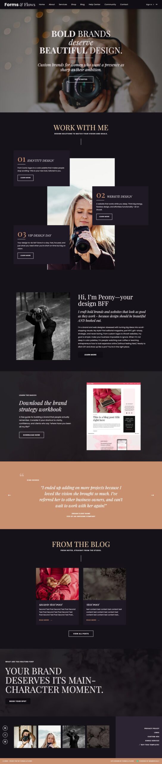 Peony MemberVault template Home page restyled for a photography mentor
