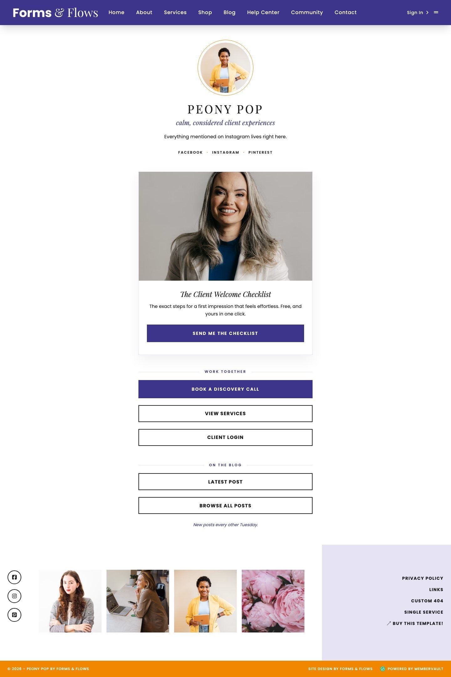 Peony MemberVault template Links page restyled for a business coach