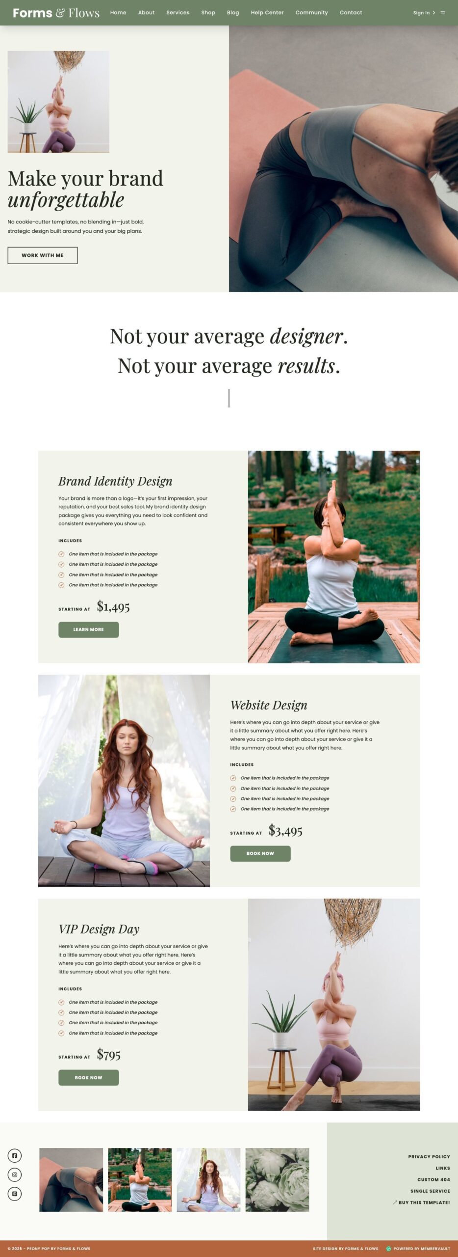 Peony MemberVault template Services page restyled for a yoga studio