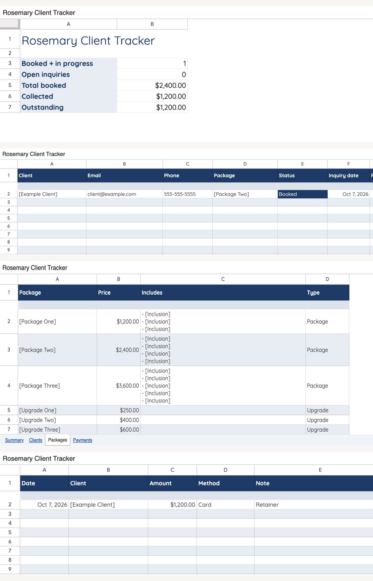 The Rosemary client tracker in Google Sheets: Summary, Clients, Packages, and Payments tabs