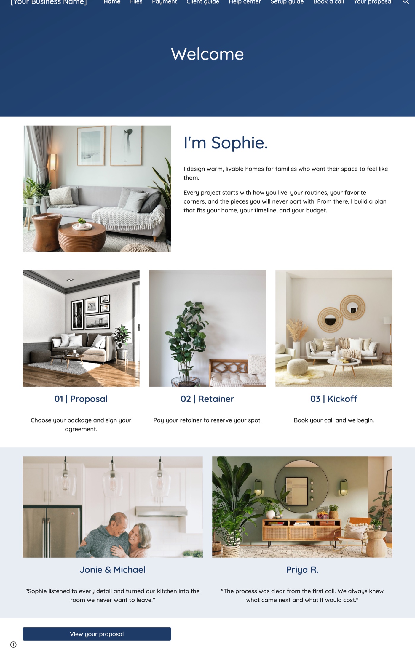 The full Rosemary Google Sites client portal home page