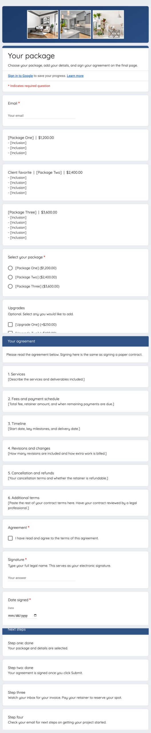 The Rosemary proposal form in Google Forms: packages, agreement, signature, and next steps