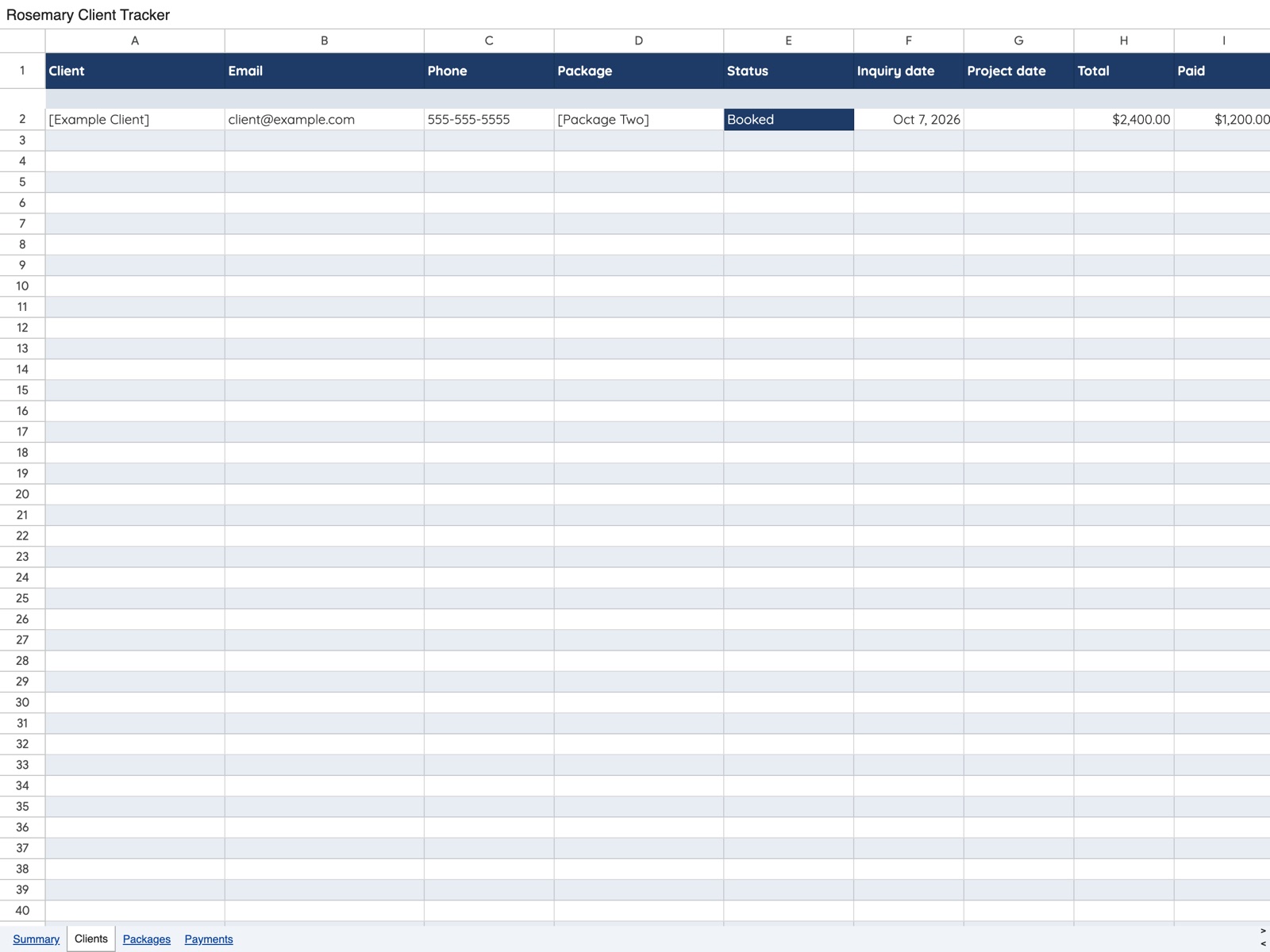 Rosemary client tracker in Google Sheets
