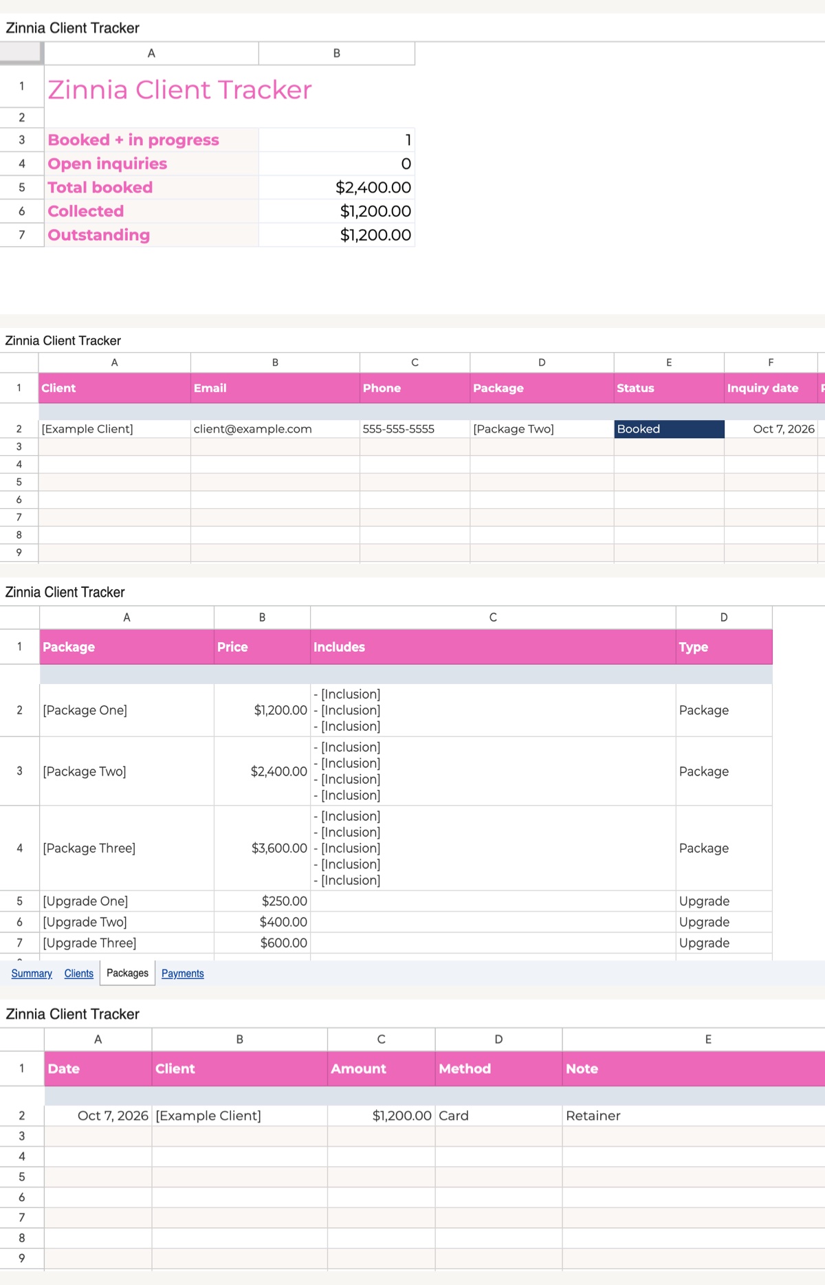 The Zinnia client tracker in Google Sheets: Summary, Clients, Packages, and Payments tabs