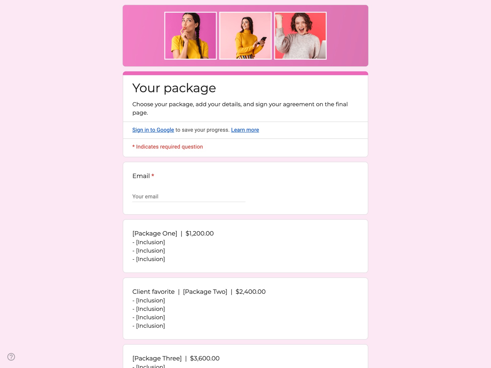 Zinnia proposal form in Google Forms