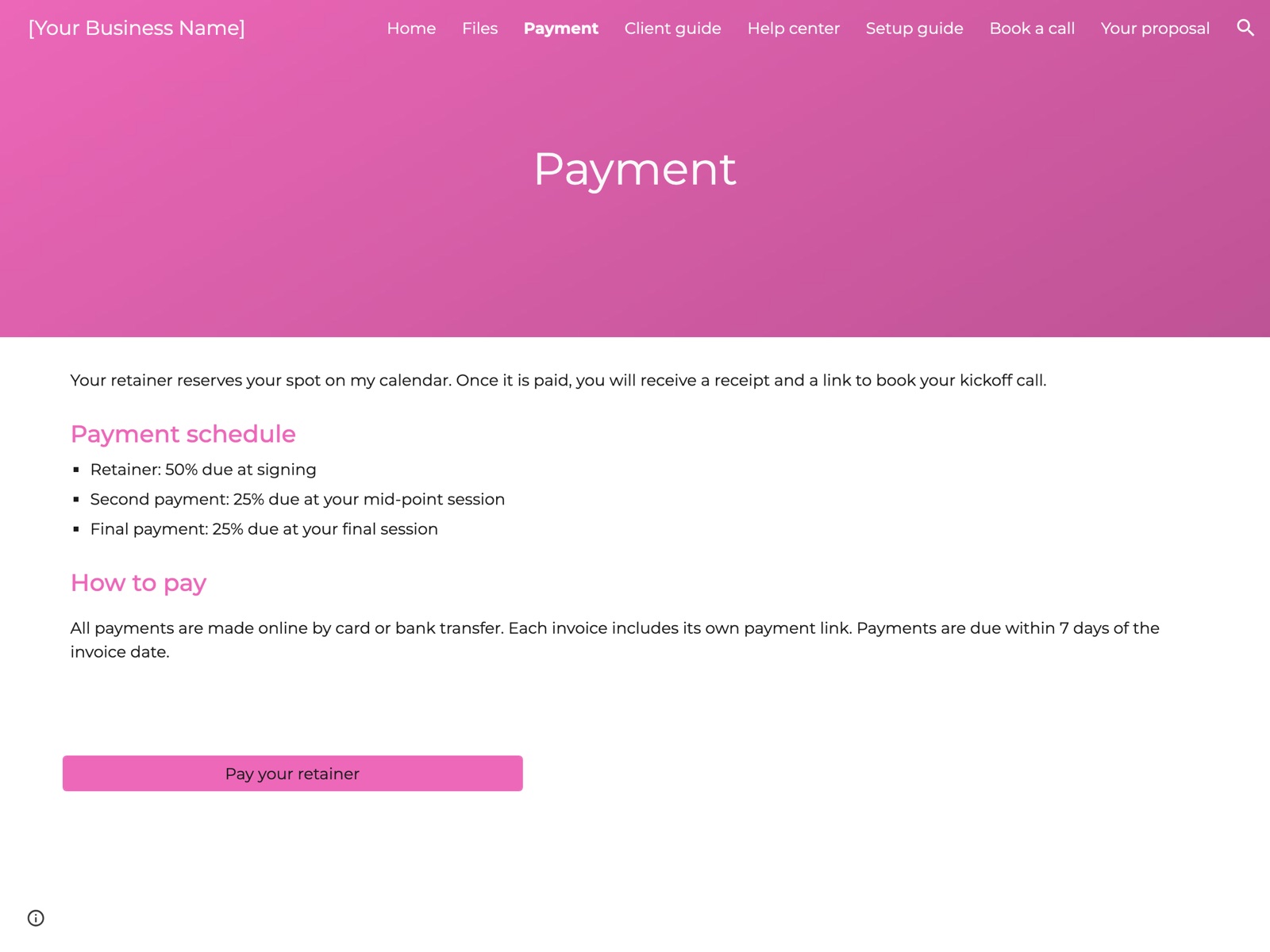 Zinnia Google Sites portal: Payment page