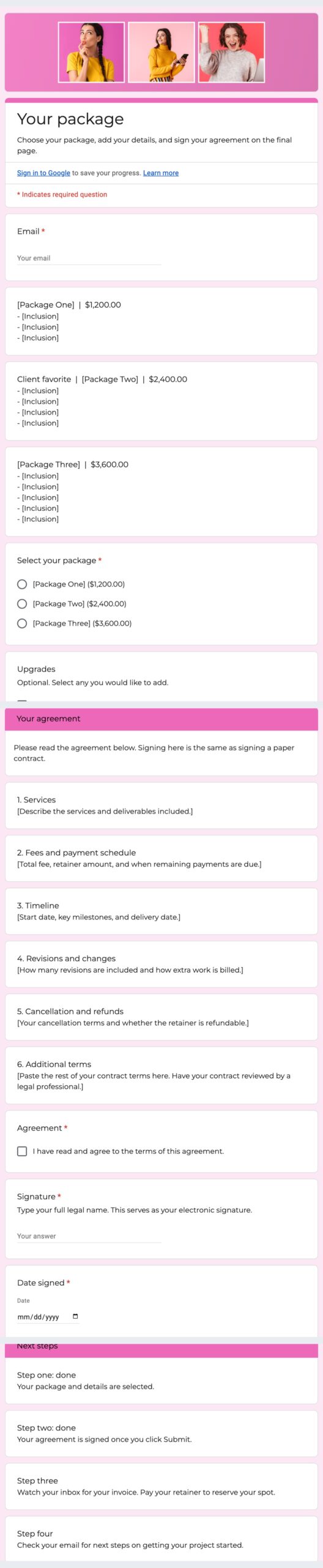 The Zinnia proposal form in Google Forms: packages, agreement, signature, and next steps