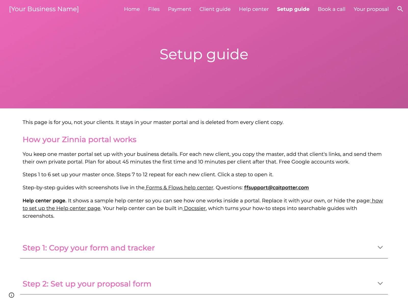 Zinnia Google Sites portal: Setup guide page