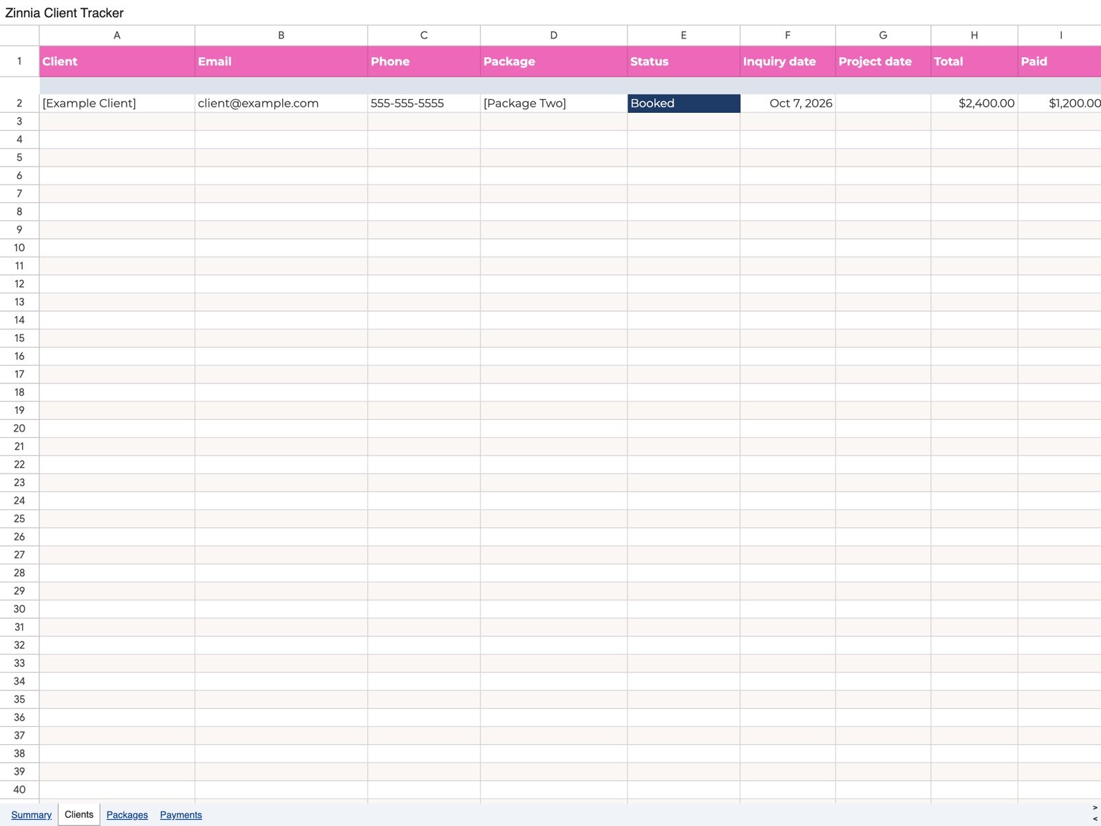 Zinnia client tracker in Google Sheets